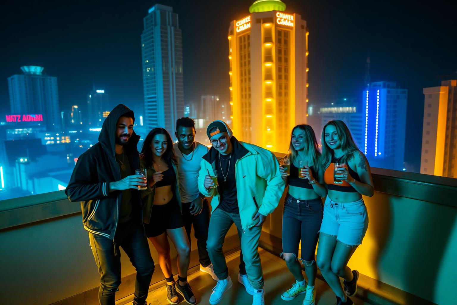 Amigos adultos celebrando em rooftop urbano à noite com luzes neon