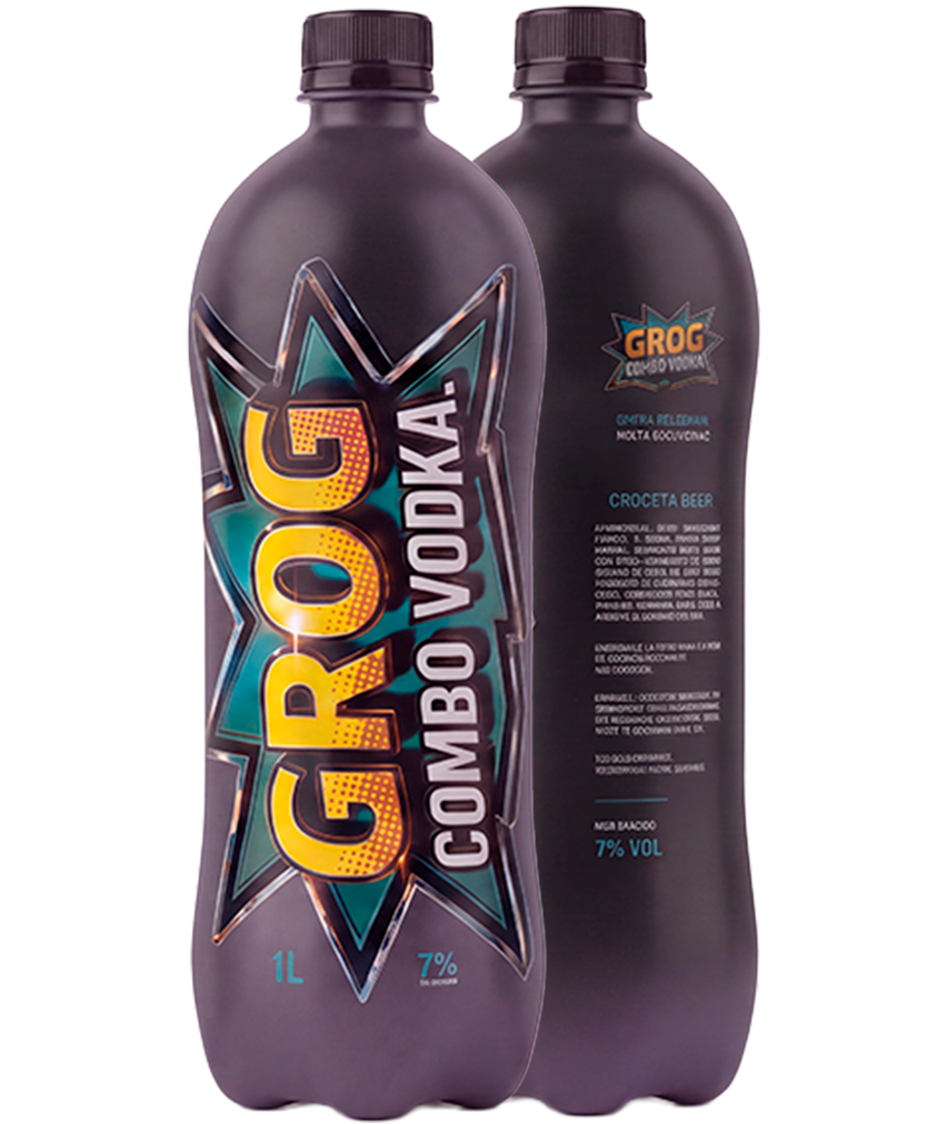 Garrafa de 1 litro do novo GROG Combo Vodka, frente e verso, com rótulo street em amarelo, roxo e verde